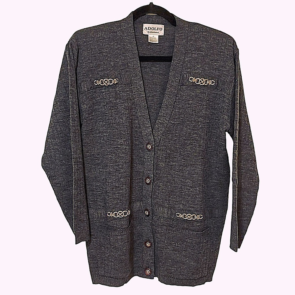 Adolfo Collection Gray Vintage Lambswool Blend Cardigan Sweater Metal Details M